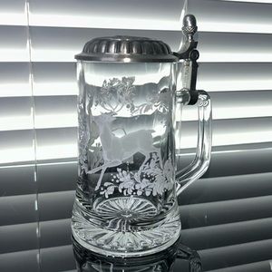 Beautiful Vintage Etched Clear Glass Beer Stein with Pewter Lid,